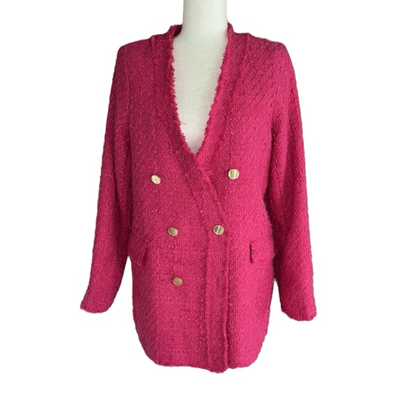 NWT Rachel Zoe Fuchsia Pink Tweed Fringe Double Breasted Blazer - M - Picture 1 of 11